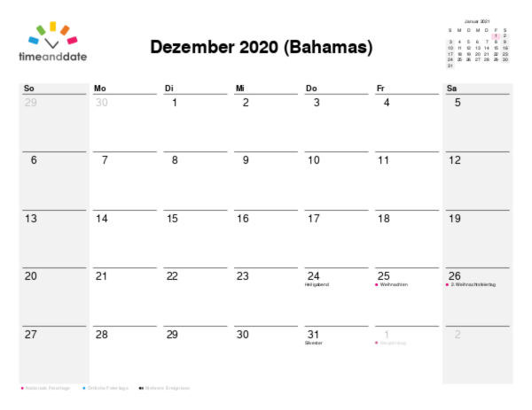 Kalender für 2020 in Bahamas