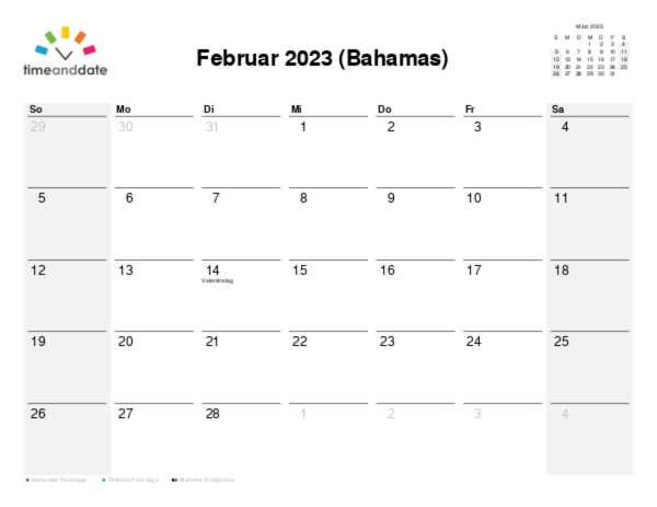 Kalender für 2023 in Bahamas