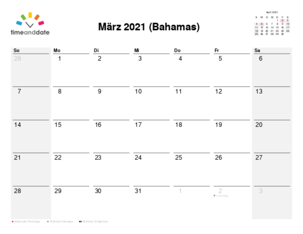 Kalender für 2021 in Bahamas