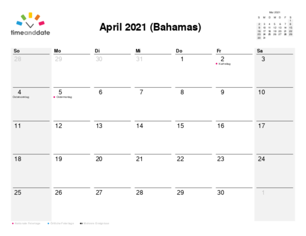 Kalender für 2021 in Bahamas