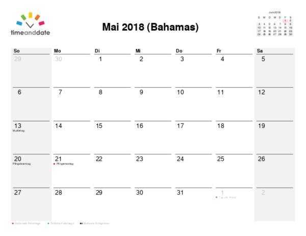 Kalender für 2018 in Bahamas