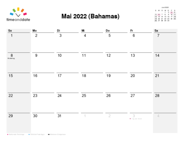 Kalender für 2022 in Bahamas