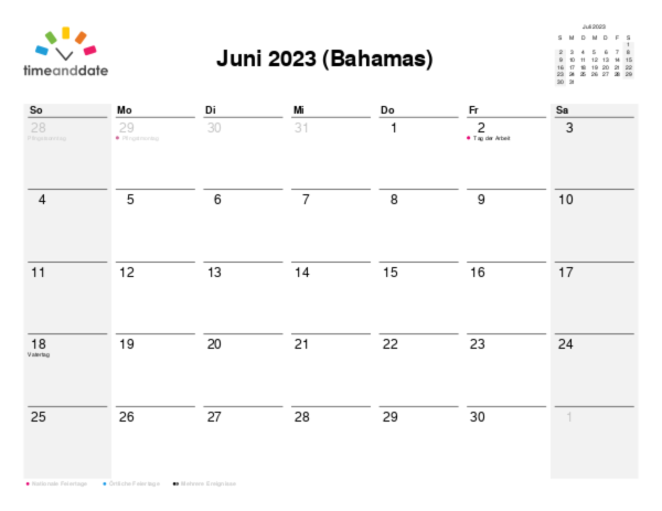Kalender für 2023 in Bahamas
