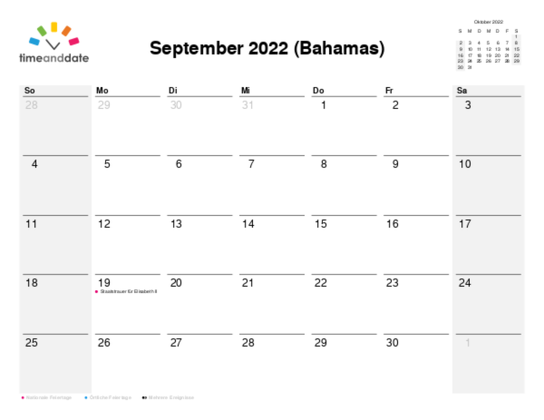 Kalender für 2022 in Bahamas