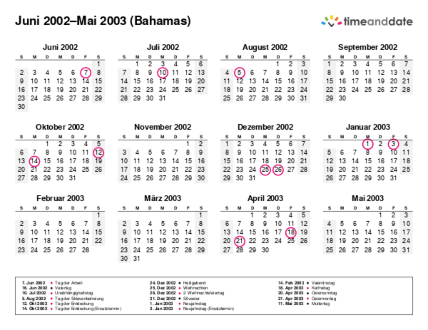 Kalender für 2002 in Bahamas