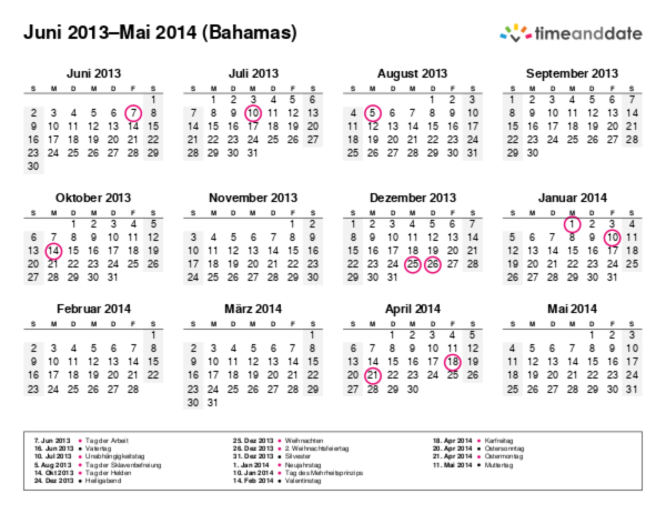 Kalender für 2013 in Bahamas