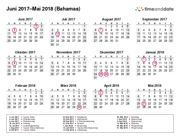 Kalender für 2017 in Bahamas