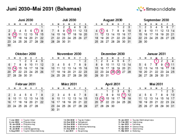 Kalender für 2030 in Bahamas