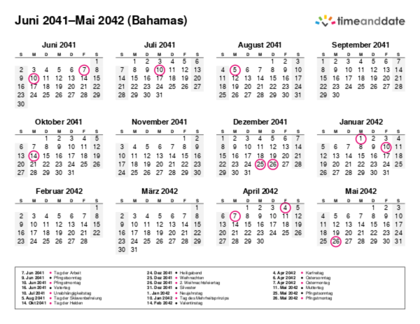Kalender für 2041 in Bahamas