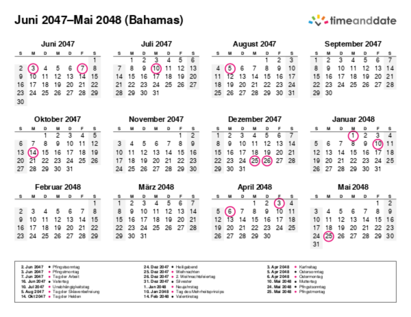 Kalender für 2047 in Bahamas