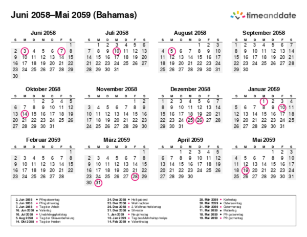 Kalender für 2058 in Bahamas