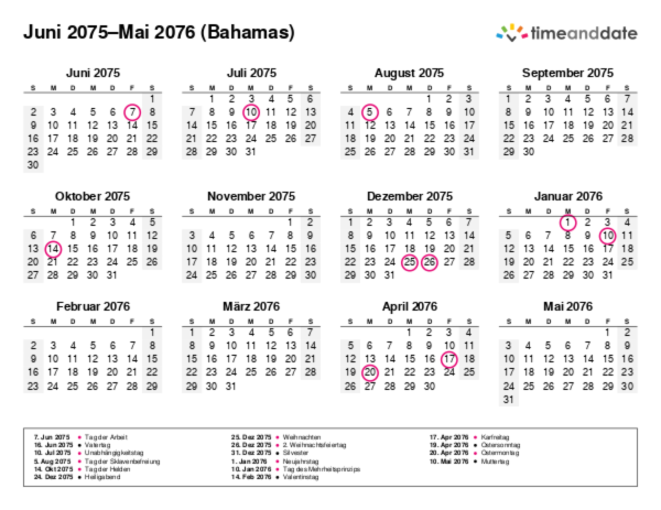 Kalender für 2075 in Bahamas