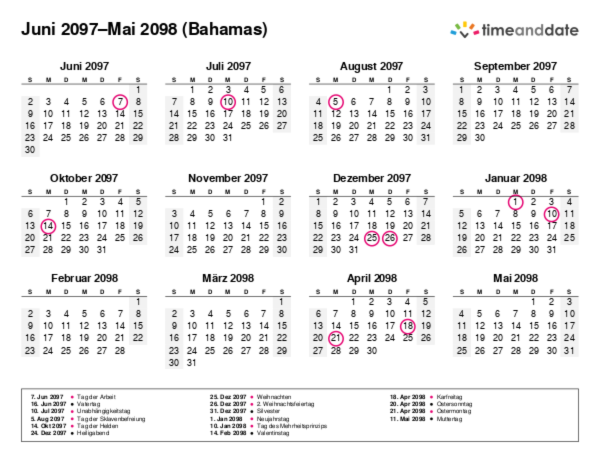 Kalender für 2097 in Bahamas