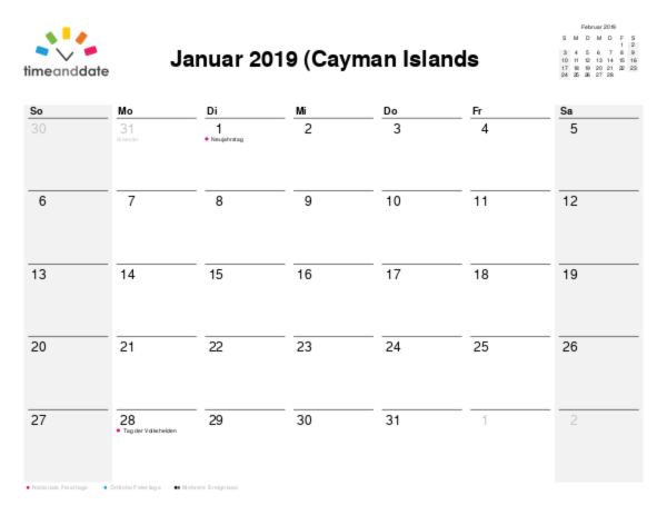 Kalender für 2019 in Cayman Islands (Kaimaninseln)