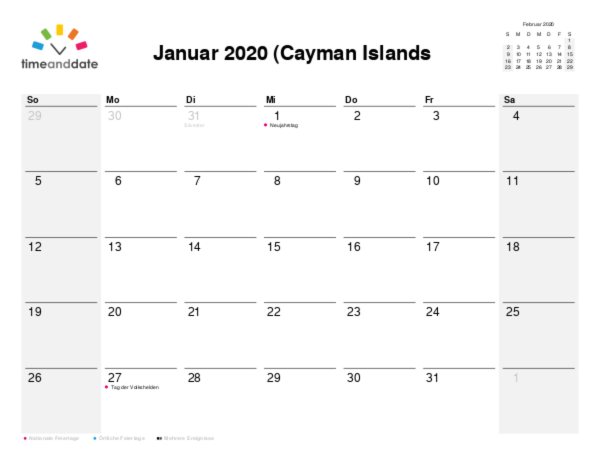 Kalender für 2020 in Cayman Islands (Kaimaninseln)