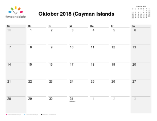 Kalender für 2018 in Cayman Islands (Kaimaninseln)