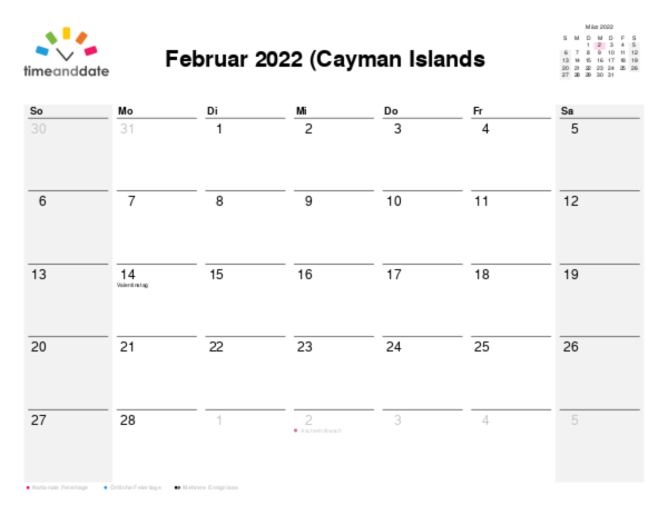 Kalender für 2022 in Cayman Islands (Kaimaninseln)