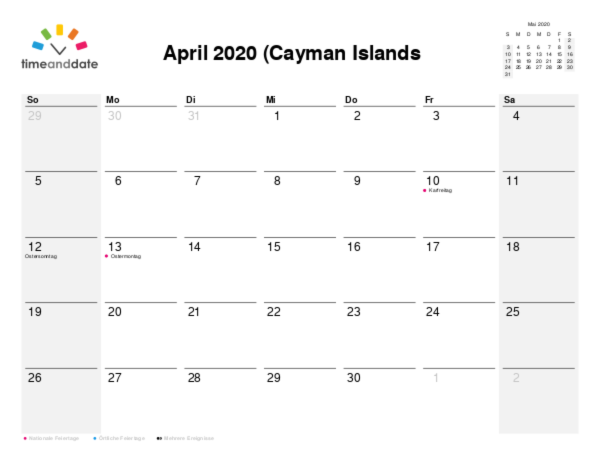 Kalender für 2020 in Cayman Islands (Kaimaninseln)