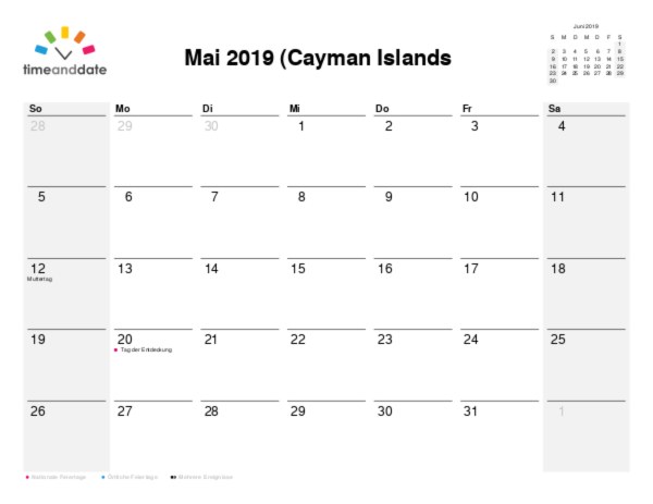 Kalender für 2019 in Cayman Islands (Kaimaninseln)