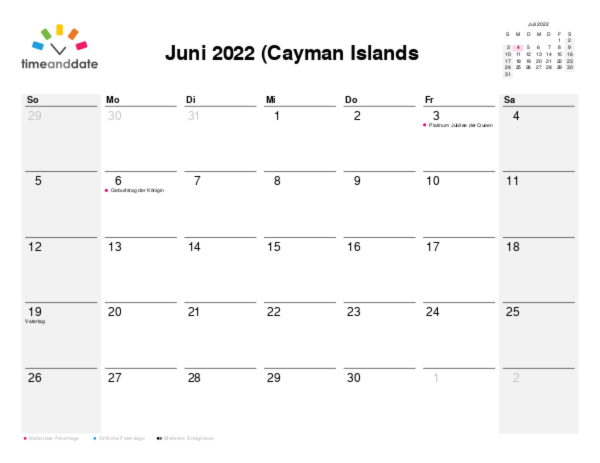 Kalender für 2022 in Cayman Islands (Kaimaninseln)