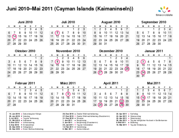 Kalender für 2010 in Cayman Islands (Kaimaninseln)