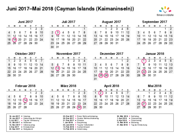 Kalender für 2017 in Cayman Islands (Kaimaninseln)