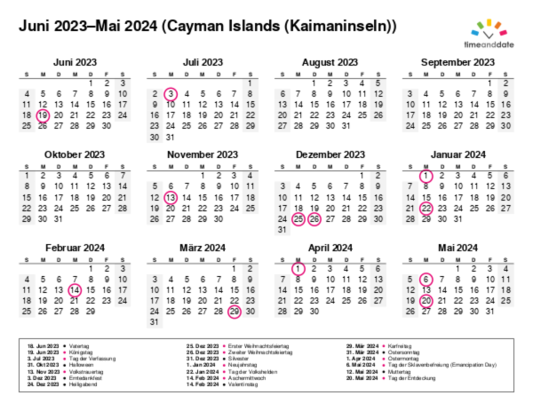 Kalender für 2023 in Cayman Islands (Kaimaninseln)