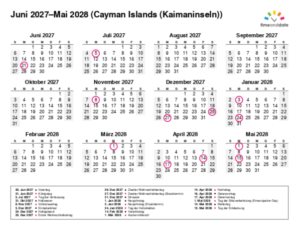 Kalender für 2027 in Cayman Islands (Kaimaninseln)