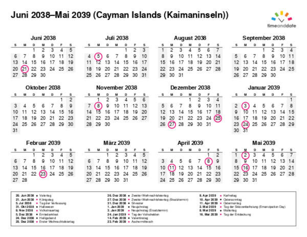 Kalender für 2038 in Cayman Islands (Kaimaninseln)