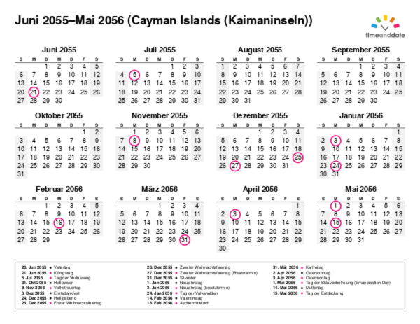 Kalender für 2055 in Cayman Islands (Kaimaninseln)