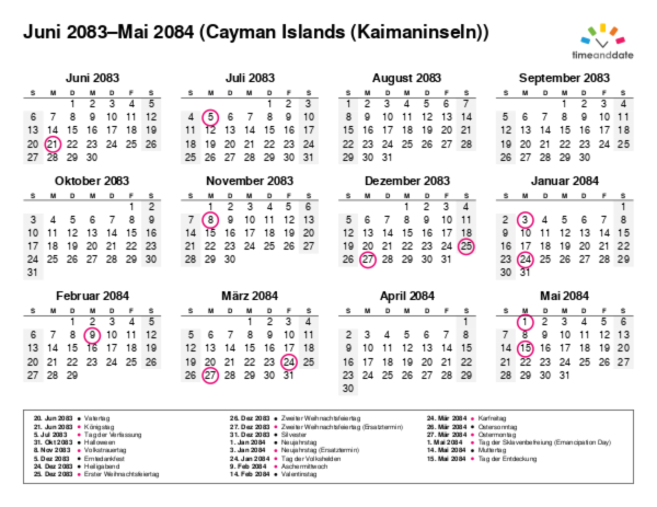Kalender für 2083 in Cayman Islands (Kaimaninseln)