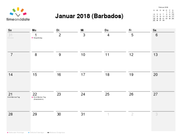 Kalender für 2018 in Barbados