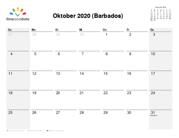 Kalender für 2020 in Barbados
