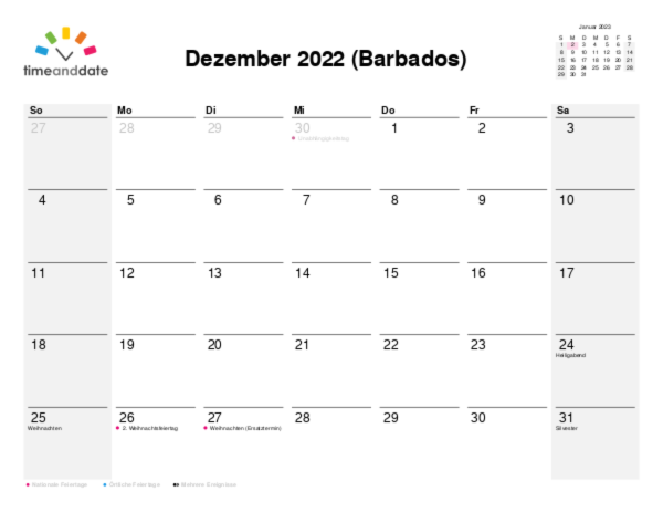 Kalender für 2022 in Barbados