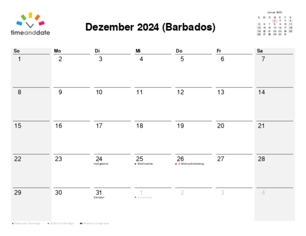 Kalender für 2024 in Barbados