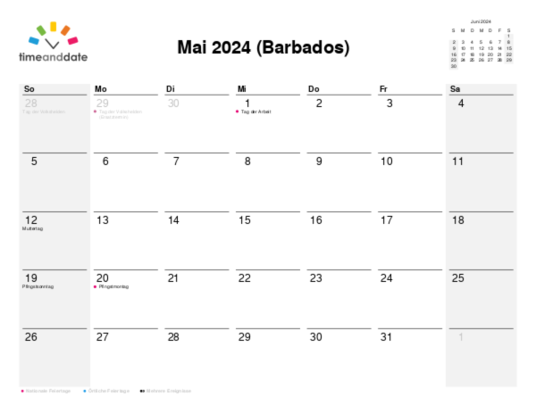 Kalender für 2024 in Barbados