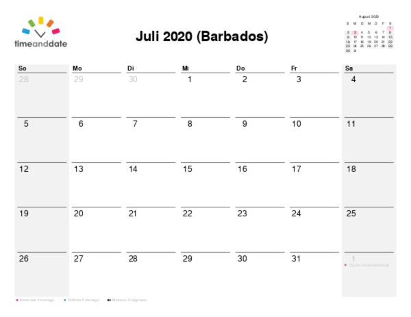 Kalender für 2020 in Barbados