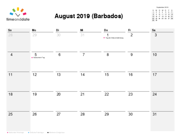 Kalender für 2019 in Barbados