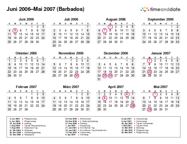 Kalender für 2006 in Barbados