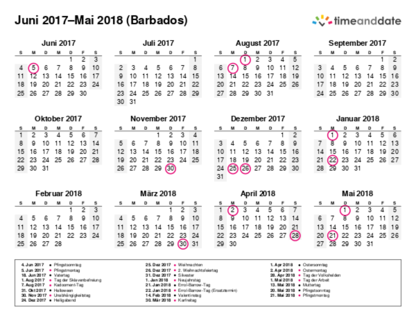 Kalender für 2017 in Barbados