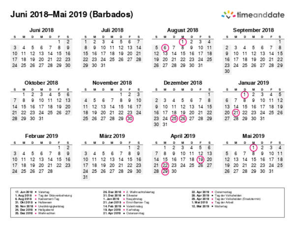 Kalender für 2018 in Barbados
