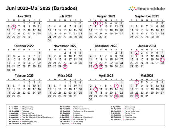 Kalender für 2022 in Barbados