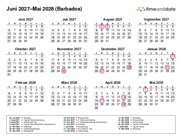 Kalender für 2027 in Barbados