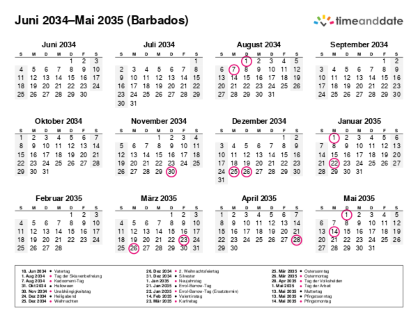 Kalender für 2034 in Barbados