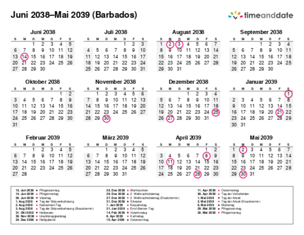Kalender für 2038 in Barbados