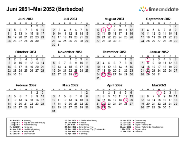 Kalender für 2051 in Barbados