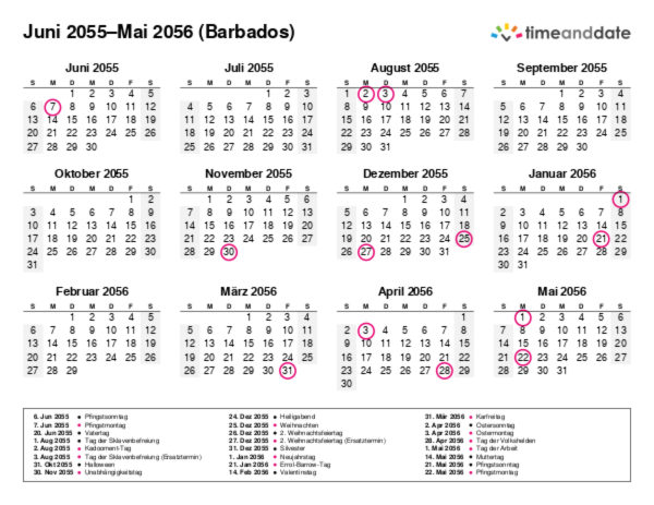 Kalender für 2055 in Barbados