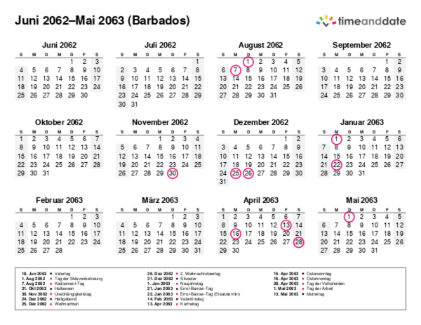 Kalender für 2062 in Barbados