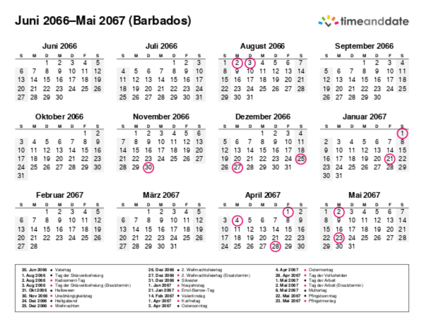 Kalender für 2066 in Barbados