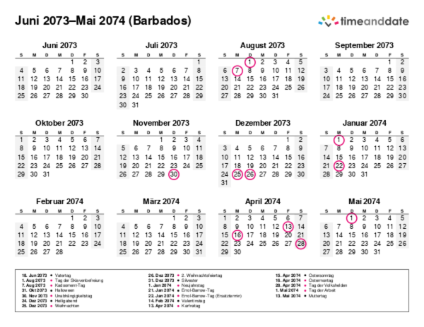 Kalender für 2073 in Barbados